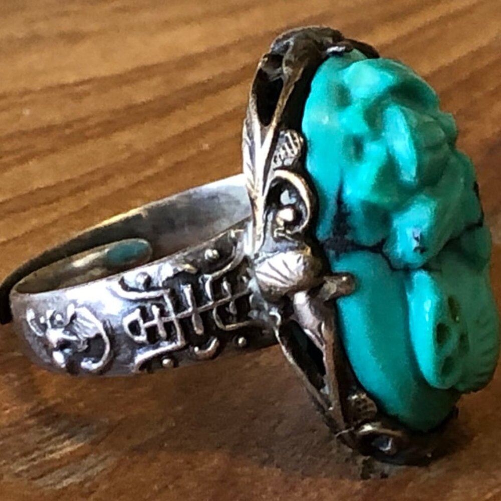 Vintage Asian Sterling Silver & Carved Turquoise Ring Adjustable Size 5